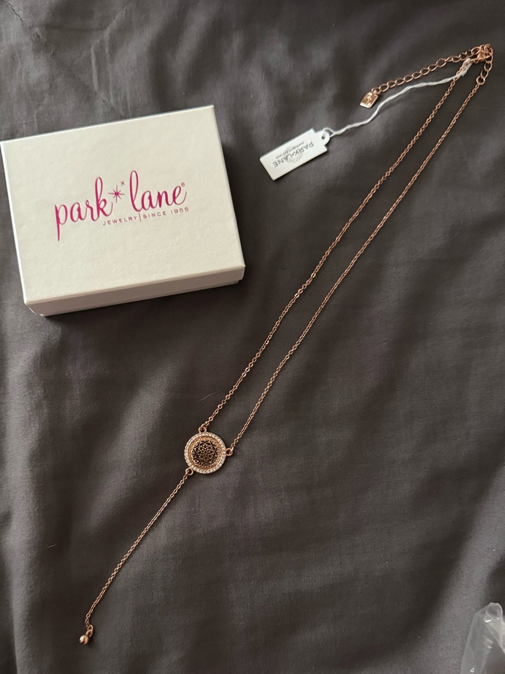 Park Lane Rose Gold Chain with Circle Pendant Necklace and Rhinestones